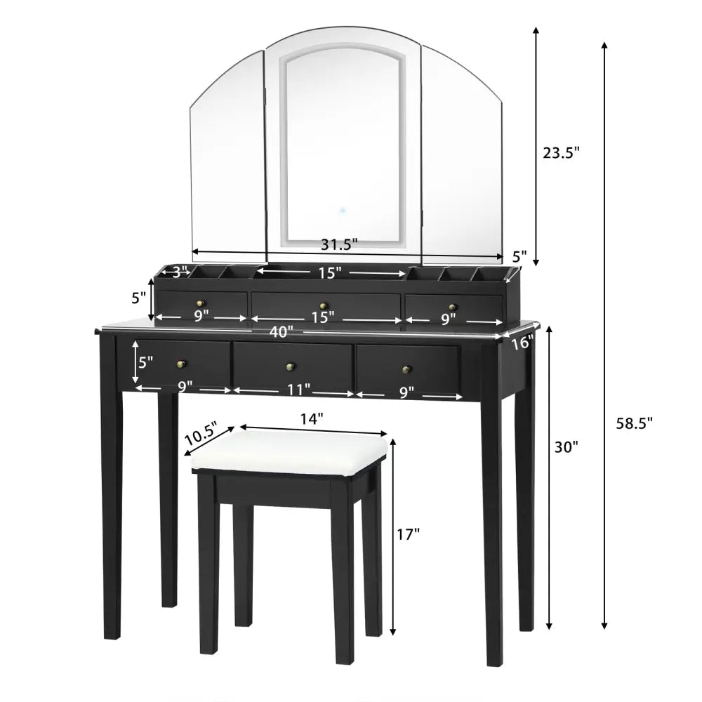 Vanity Table Stool Set with Large Tri-folding Lighted Mirror-Black - Black - Makeup Vanities