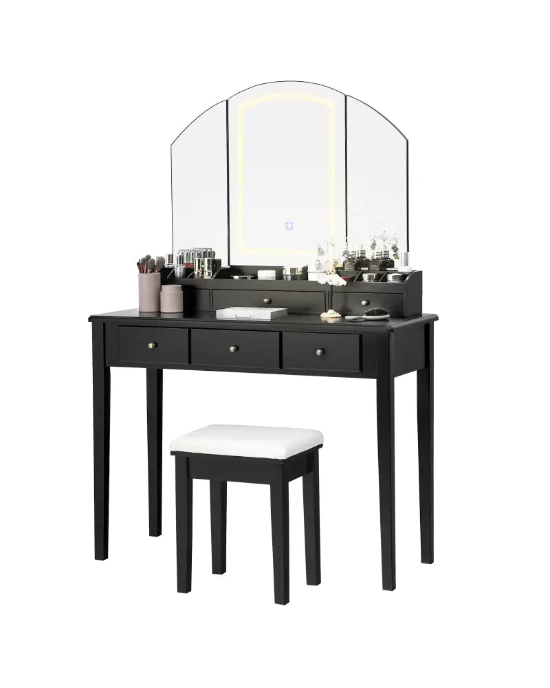 Vanity Table Stool Set with Large Tri-folding Lighted Mirror-Black - Black - Makeup Vanities