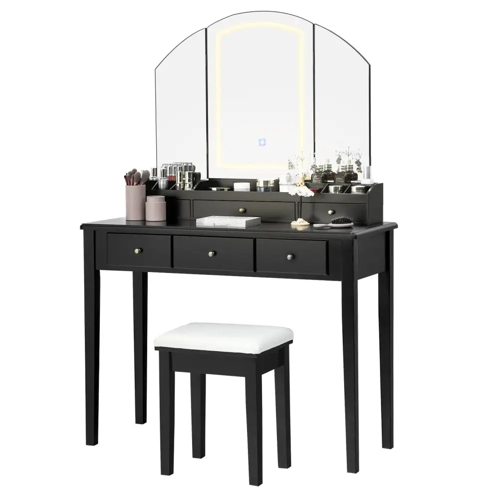 Vanity Table Stool Set with Large Tri-folding Lighted Mirror-Black - Black - Makeup Vanities
