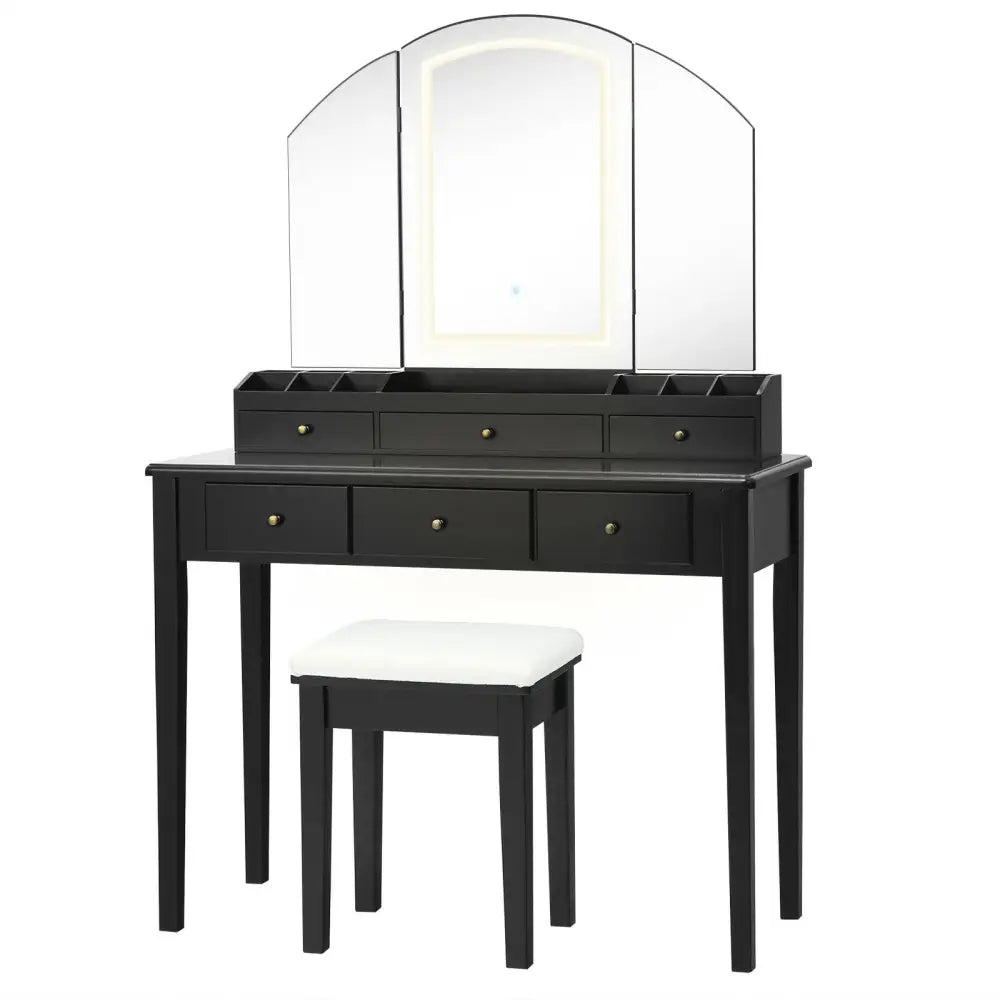 Vanity Table Stool Set with Large Tri-folding Lighted Mirror-Black - Black - Makeup Vanities