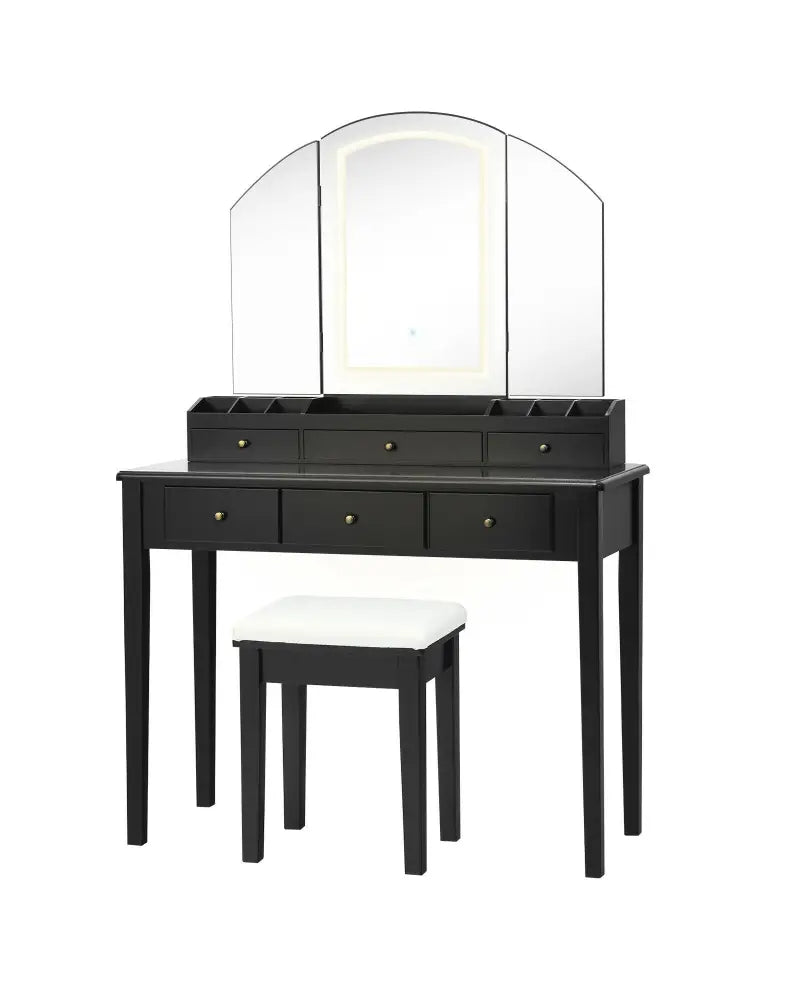 Vanity Table Stool Set with Large Tri-folding Lighted Mirror-Black - Black - Makeup Vanities