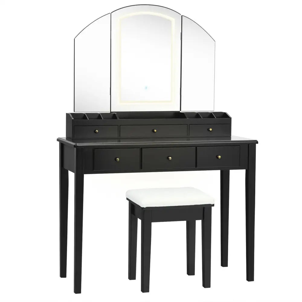 Vanity Table Stool Set with Large Tri-folding Lighted Mirror-Black - Black - Makeup Vanities