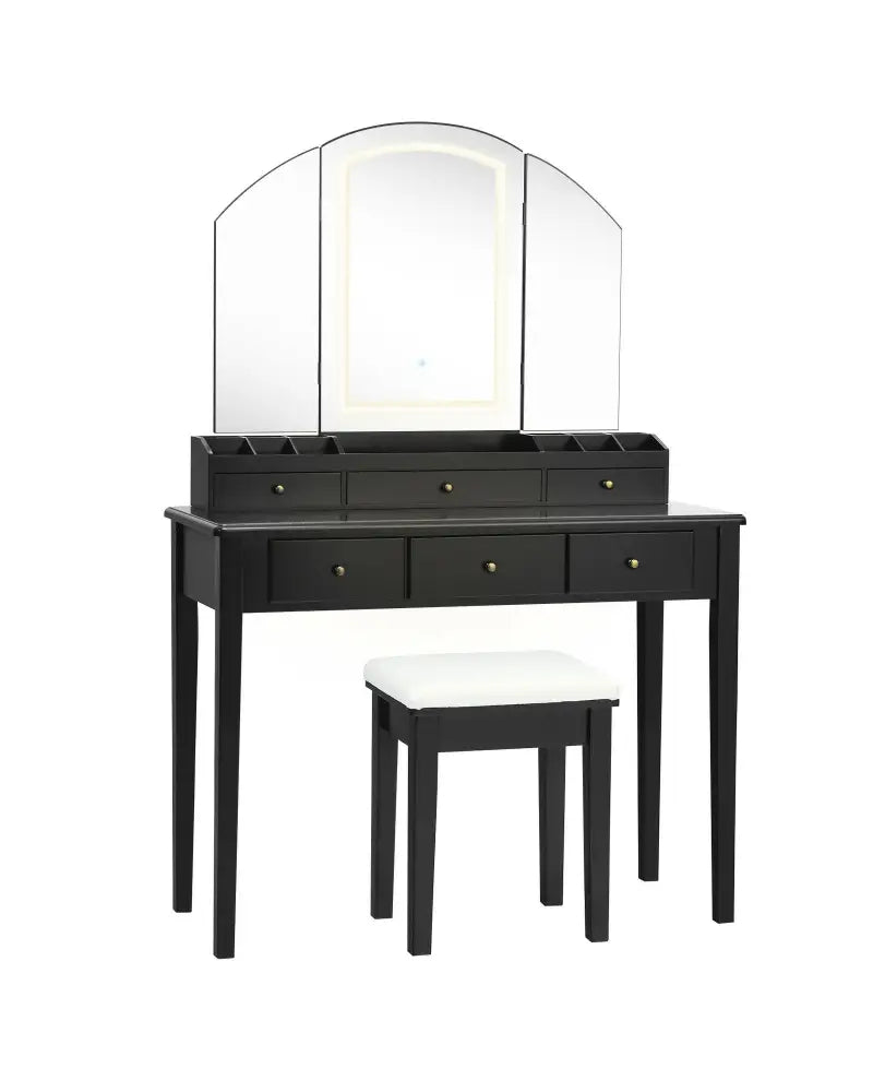 Vanity Table Stool Set with Large Tri-folding Lighted Mirror-Black - Black - Makeup Vanities