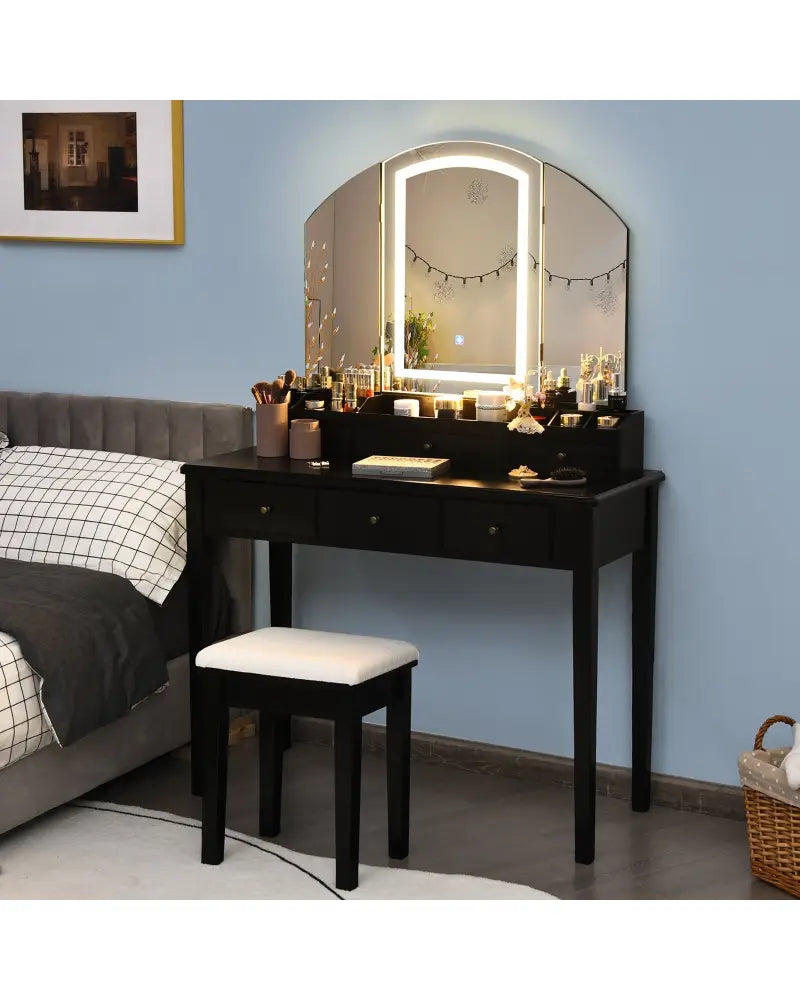 Vanity Table Stool Set with Large Tri-folding Lighted Mirror-Black - Black - Makeup Vanities