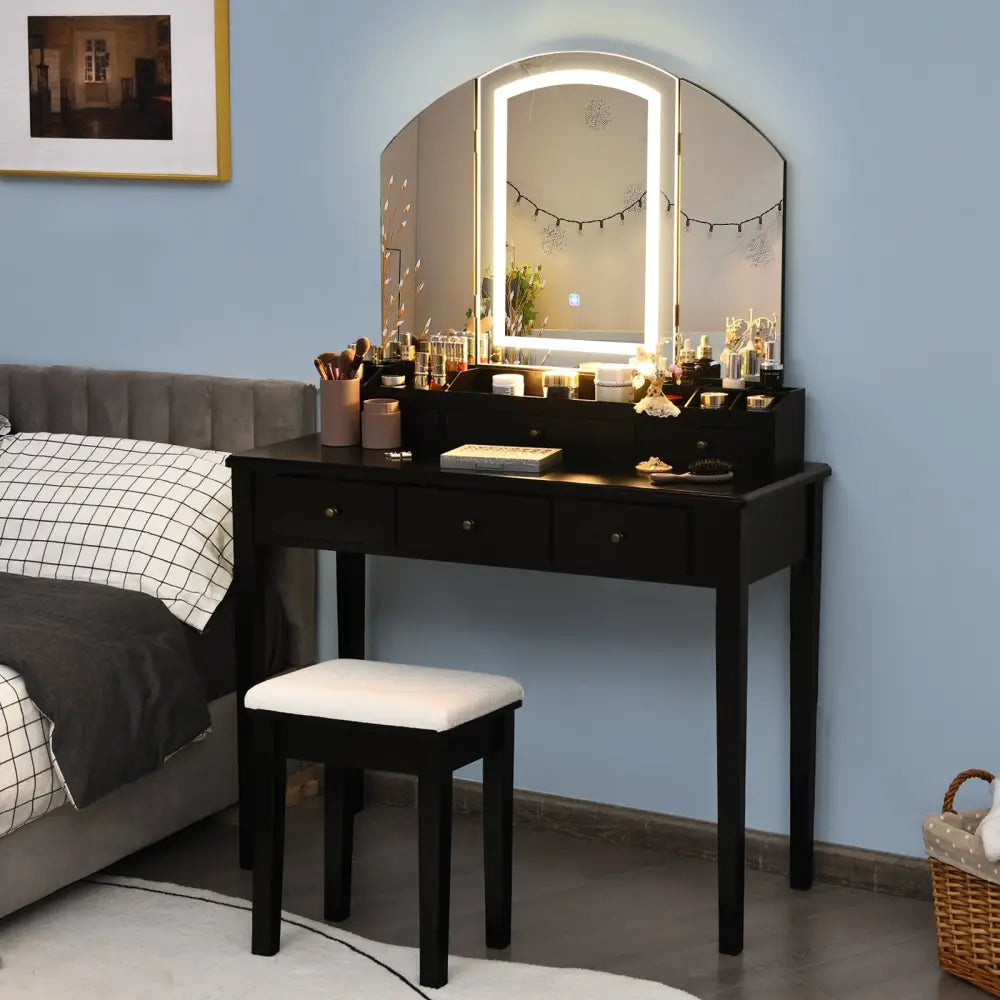 Vanity Table Stool Set with Large Tri-folding Lighted Mirror-Black - Black - Makeup Vanities