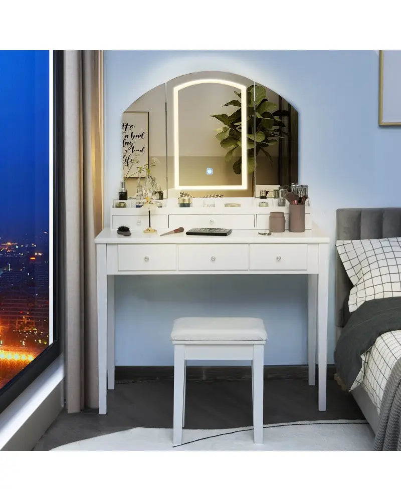 Vanity Table Stool Set with Large Tri-folding Lighted Mirror-White - White - Makeup Vanities