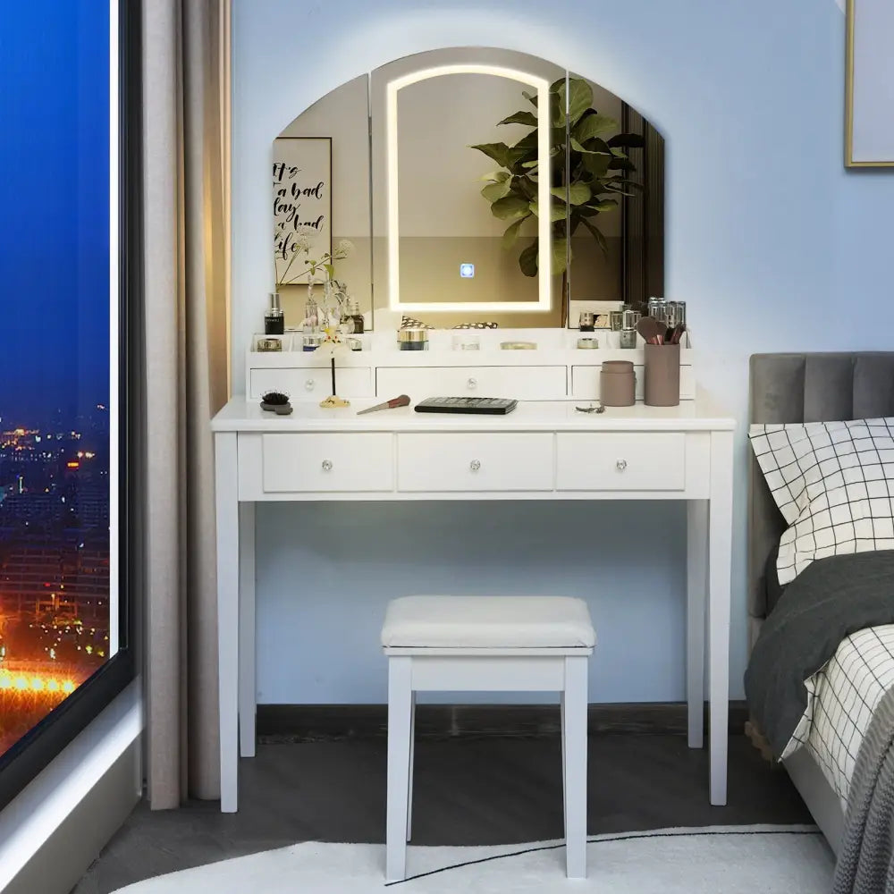 Vanity Table Stool Set with Large Tri-folding Lighted Mirror-White - White - Makeup Vanities