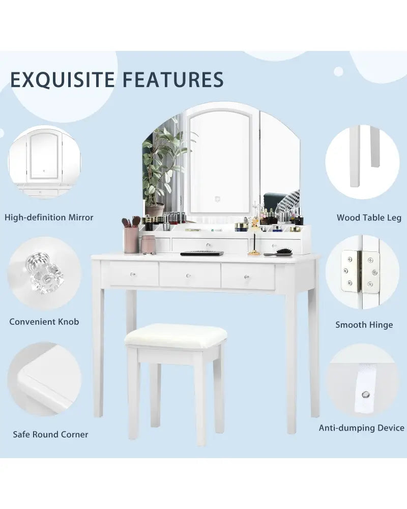 Vanity Table Stool Set with Large Tri-folding Lighted Mirror-White - White - Makeup Vanities