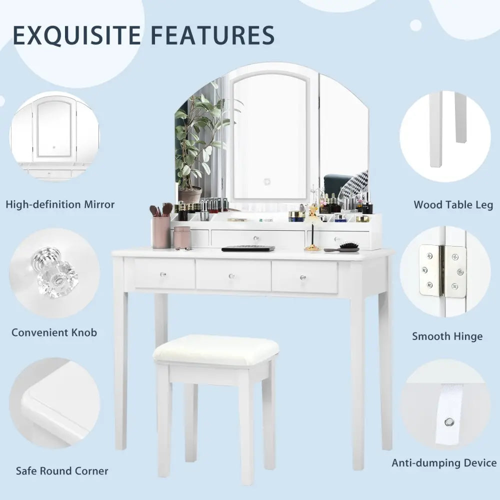 Vanity Table Stool Set with Large Tri-folding Lighted Mirror-White - White - Makeup Vanities