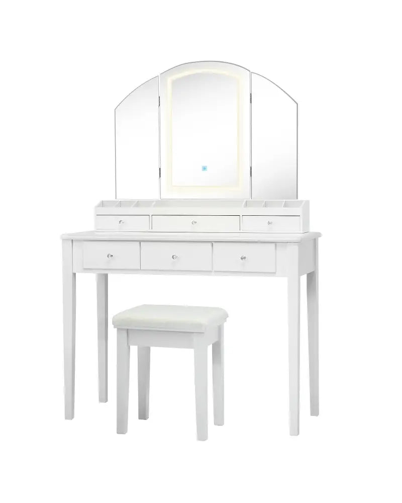 Vanity Table Stool Set with Large Tri-folding Lighted Mirror-White - White - Makeup Vanities