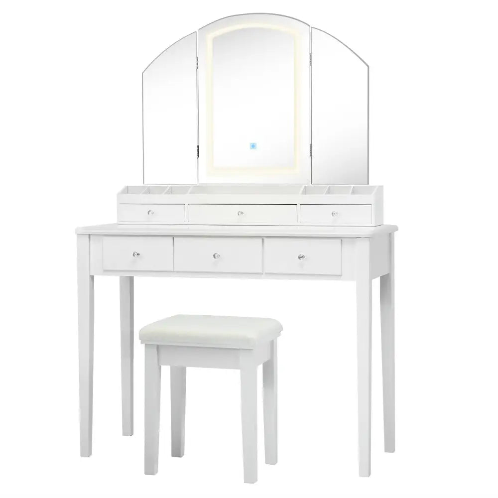 Vanity Table Stool Set with Large Tri-folding Lighted Mirror-White - White - Makeup Vanities