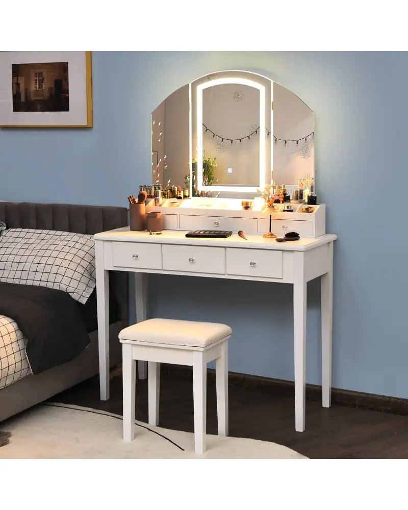 Vanity Table Stool Set with Large Tri-folding Lighted Mirror-White - White - Makeup Vanities