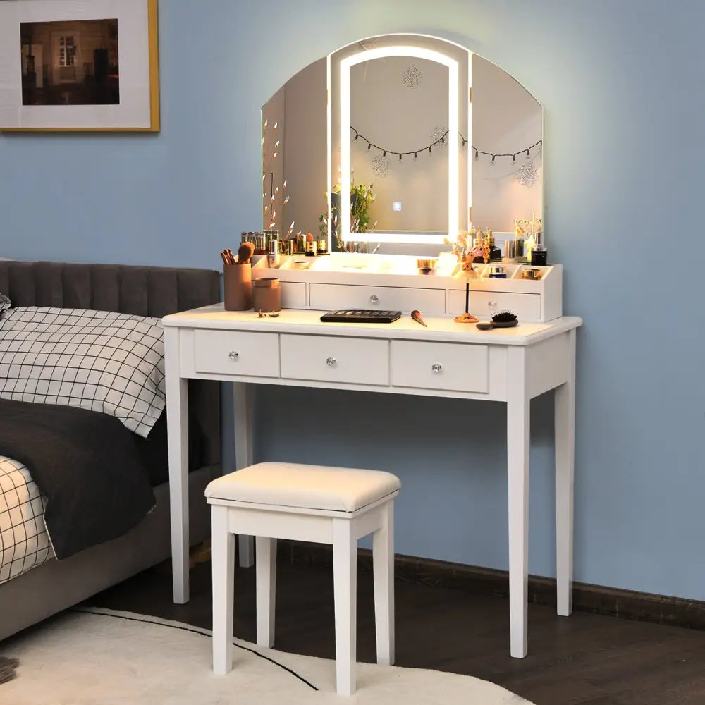 Vanity Table Stool Set with Large Tri-folding Lighted Mirror-White - White - Makeup Vanities
