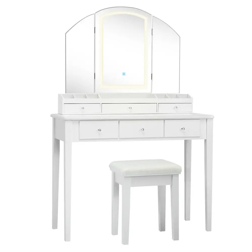 Vanity Table Stool Set with Large Tri-folding Lighted Mirror-White - White - Makeup Vanities