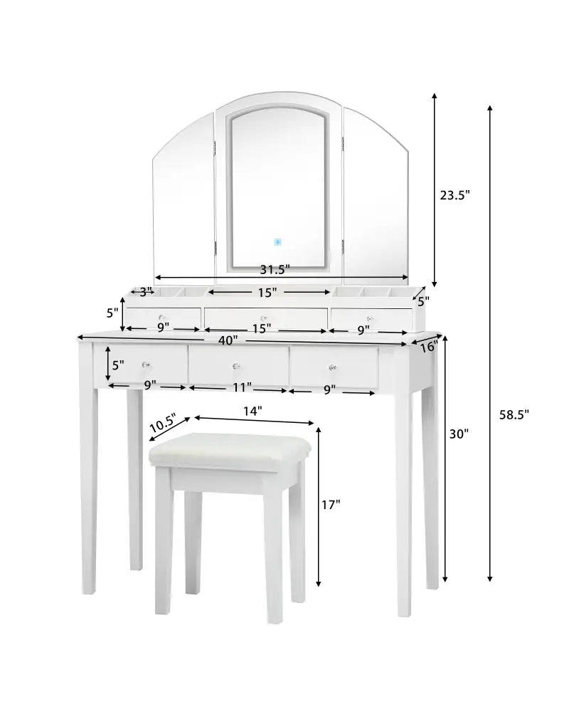Vanity Table Stool Set with Large Tri-folding Lighted Mirror-White - White - Makeup Vanities