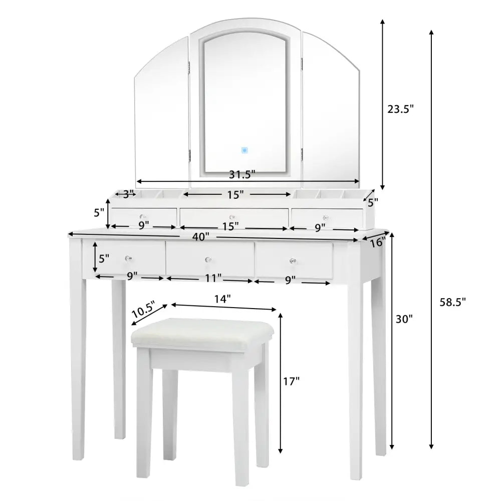 Vanity Table Stool Set with Large Tri-folding Lighted Mirror-White - White - Makeup Vanities