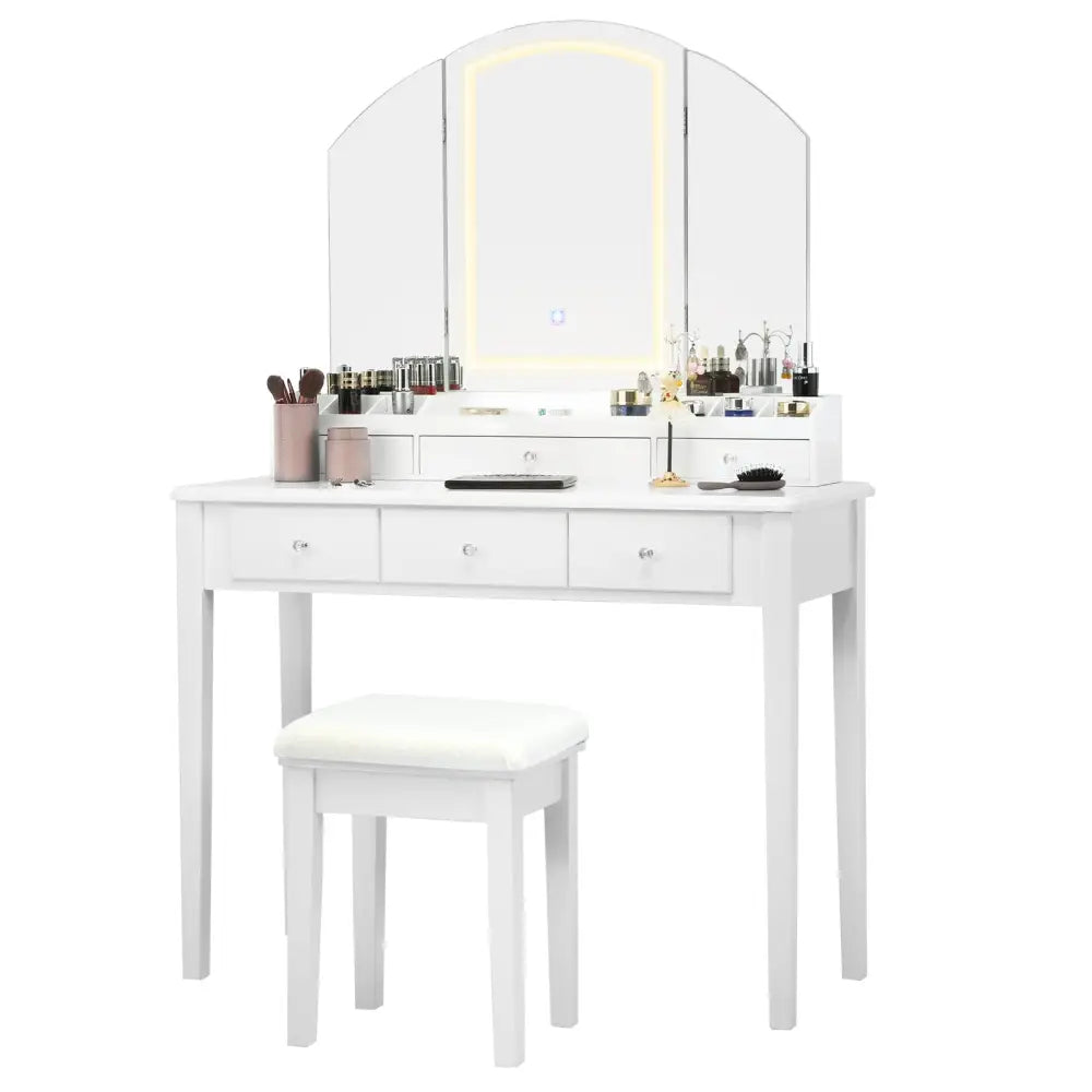 Vanity Table Stool Set with Large Tri-folding Lighted Mirror-White - White - Makeup Vanities
