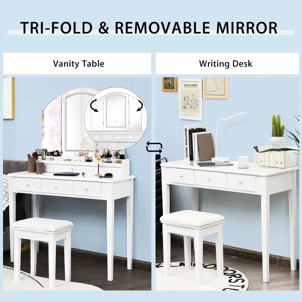 Vanity Table Stool Set with Large Tri-folding Lighted Mirror-White - White - Makeup Vanities