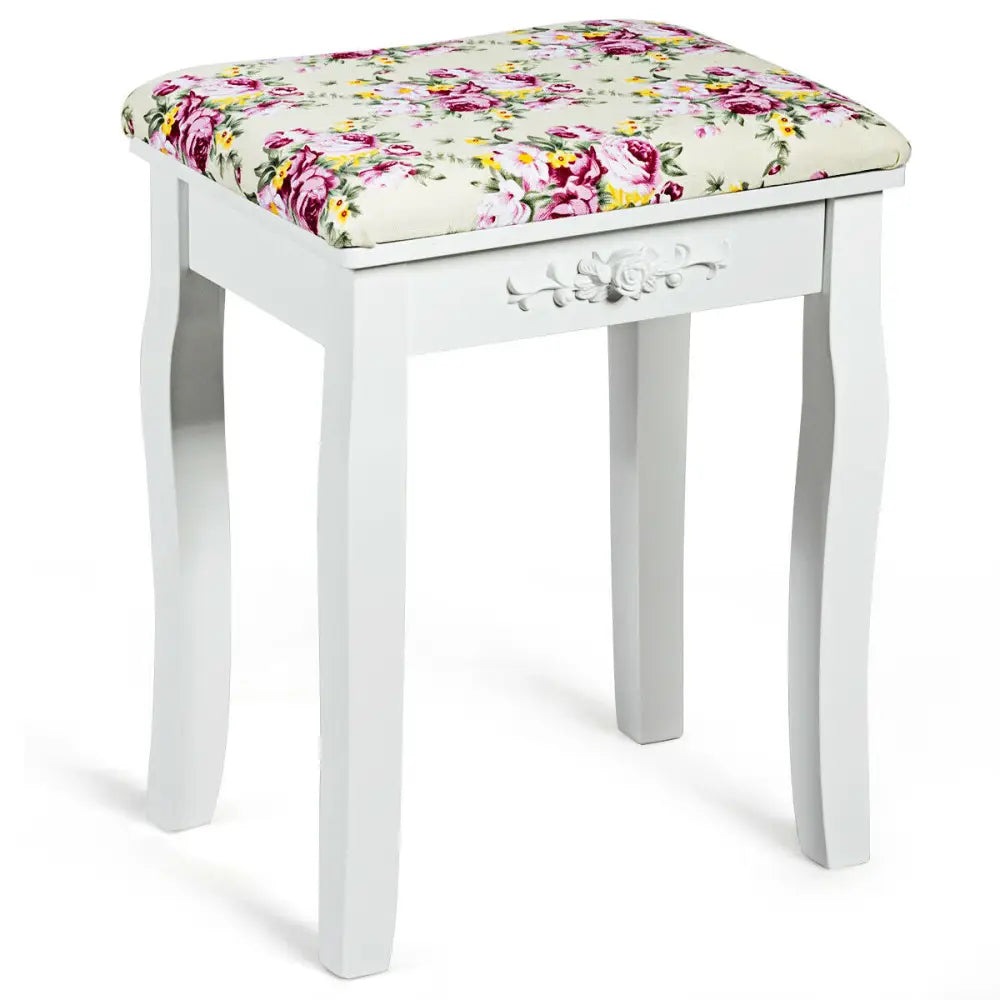 Vanity Wood Dressing Stool Padded Piano Seat with Rose Cushion - White - Makeup Vanities