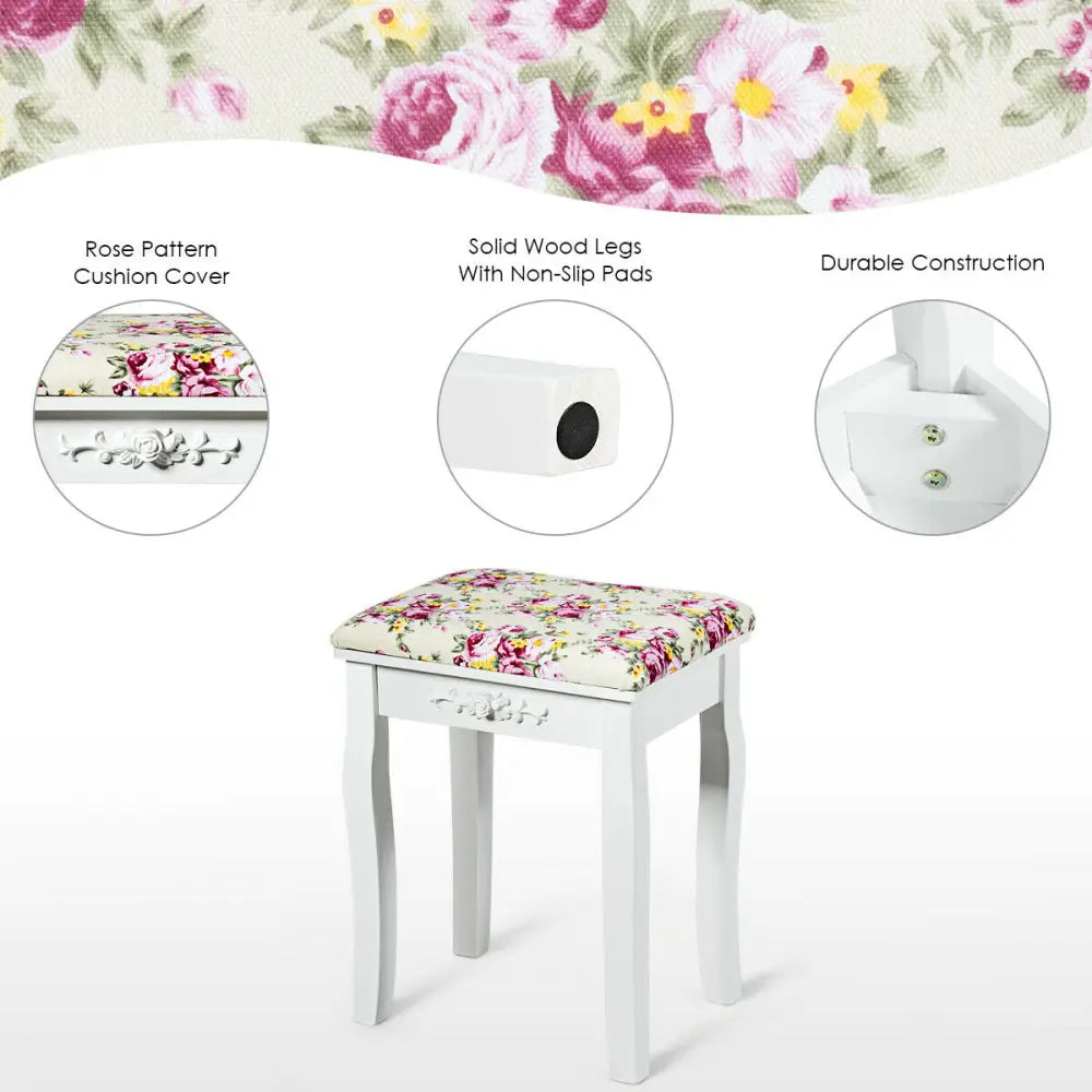 Vanity Wood Dressing Stool Padded Piano Seat with Rose Cushion - White - Makeup Vanities