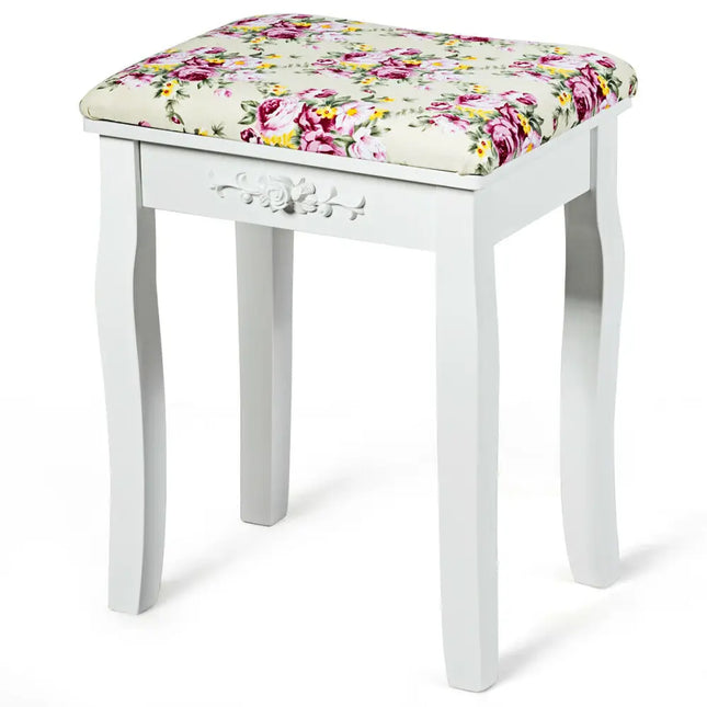 Vanity Wood Dressing Stool Padded Piano Seat with Rose Cushion - White - Makeup Vanities