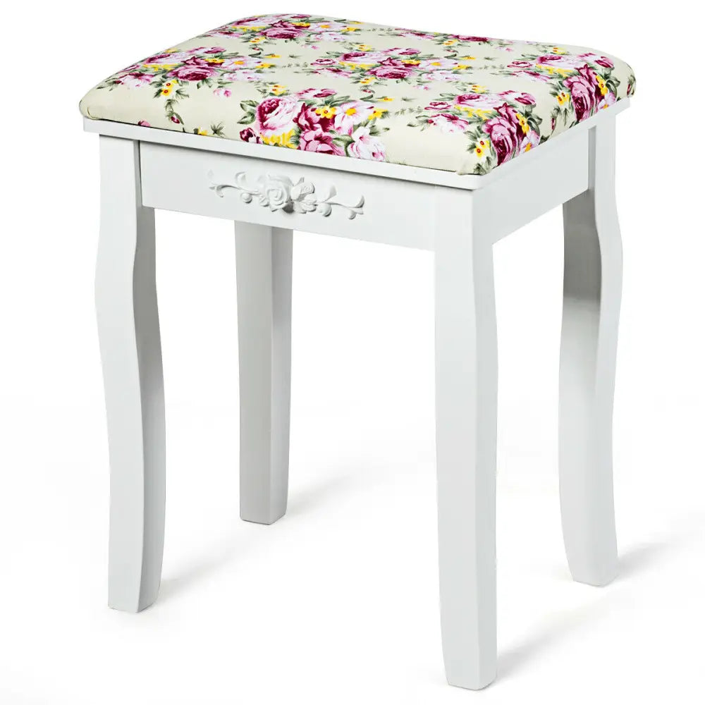 Vanity Wood Dressing Stool Padded Piano Seat with Rose Cushion - White - Makeup Vanities