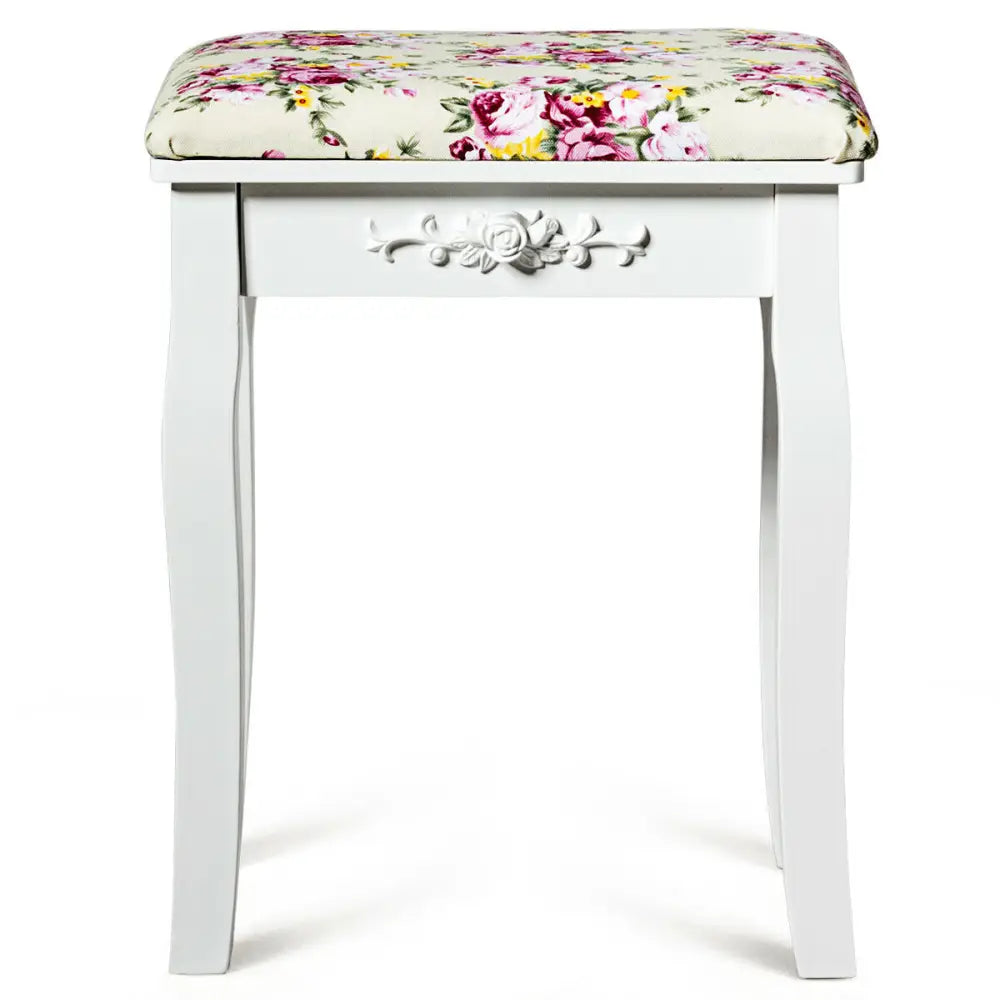 Vanity Wood Dressing Stool Padded Piano Seat with Rose Cushion - White - Makeup Vanities