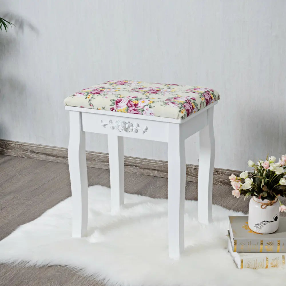 Vanity Wood Dressing Stool Padded Piano Seat with Rose Cushion - White - Makeup Vanities