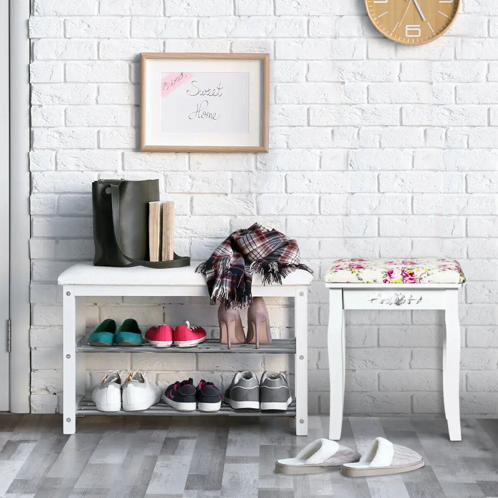 Vanity Wood Dressing Stool Padded Piano Seat with Rose Cushion - White - Makeup Vanities