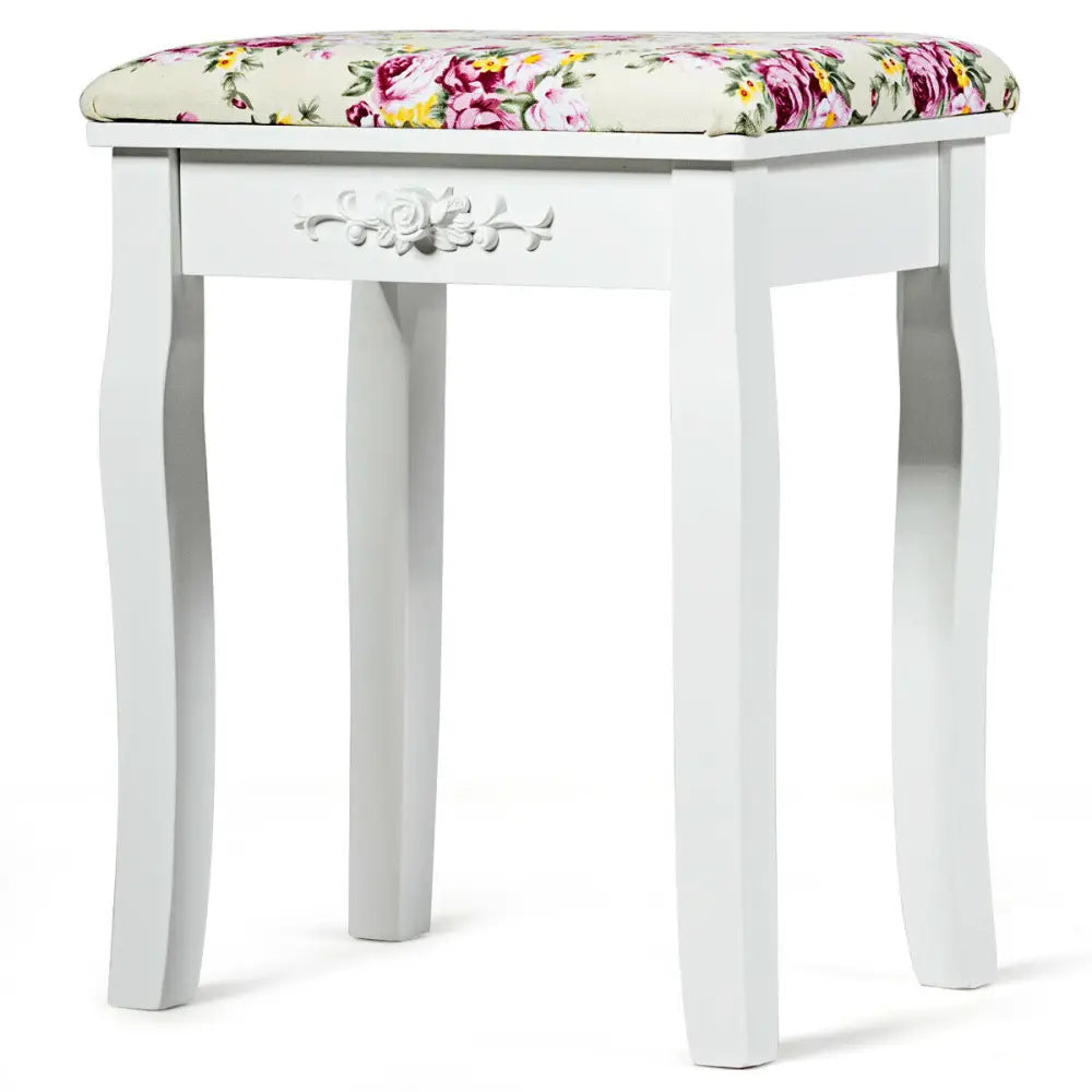 Vanity Wood Dressing Stool Padded Piano Seat with Rose Cushion - White - Makeup Vanities