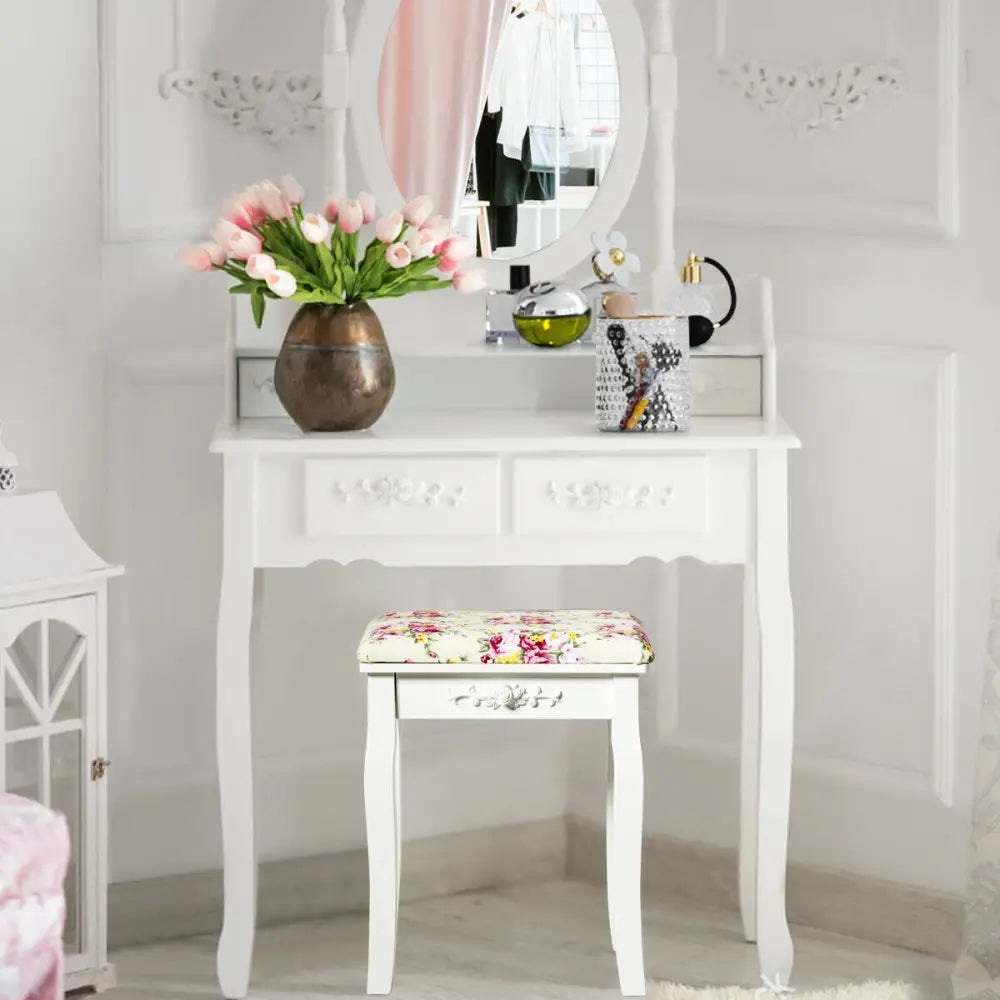 Vanity Wood Dressing Stool Padded Piano Seat with Rose Cushion - White - Makeup Vanities