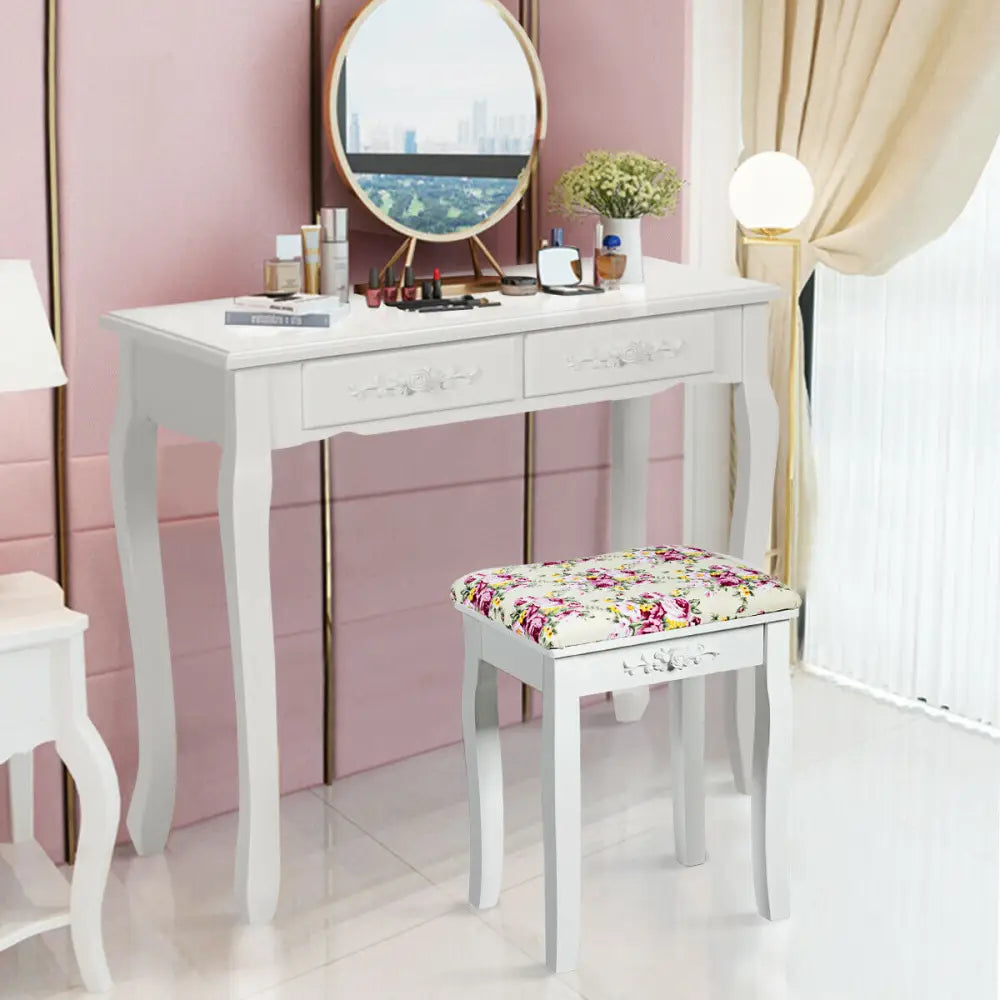 Vanity Wood Dressing Stool Padded Piano Seat with Rose Cushion - White - Makeup Vanities
