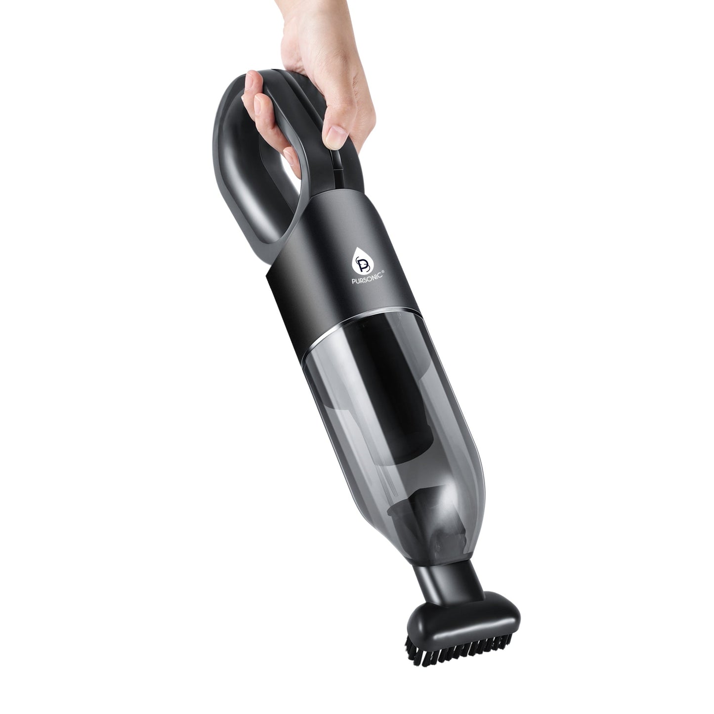 Handheld vacuum cleaner being held on a white background