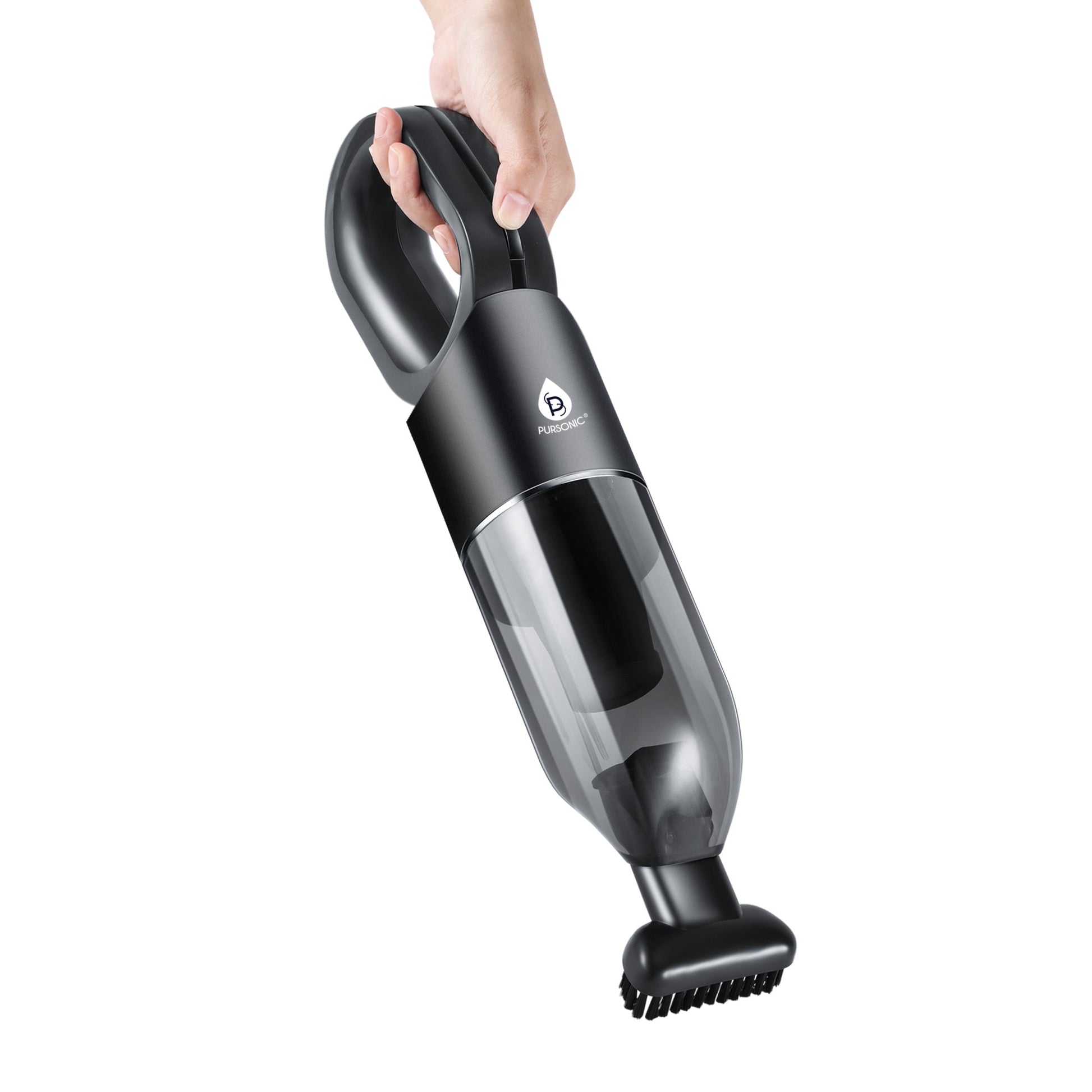 Handheld vacuum cleaner being held on a white background