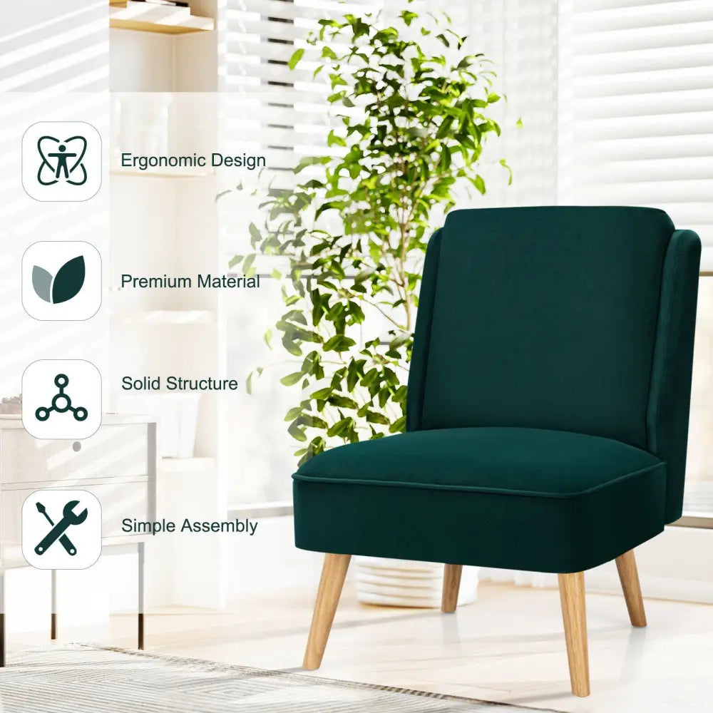 Velvet Accent Armless Side Chair with Rubber Wood Legs for Bedroom-Green - Green - Accent Chairs