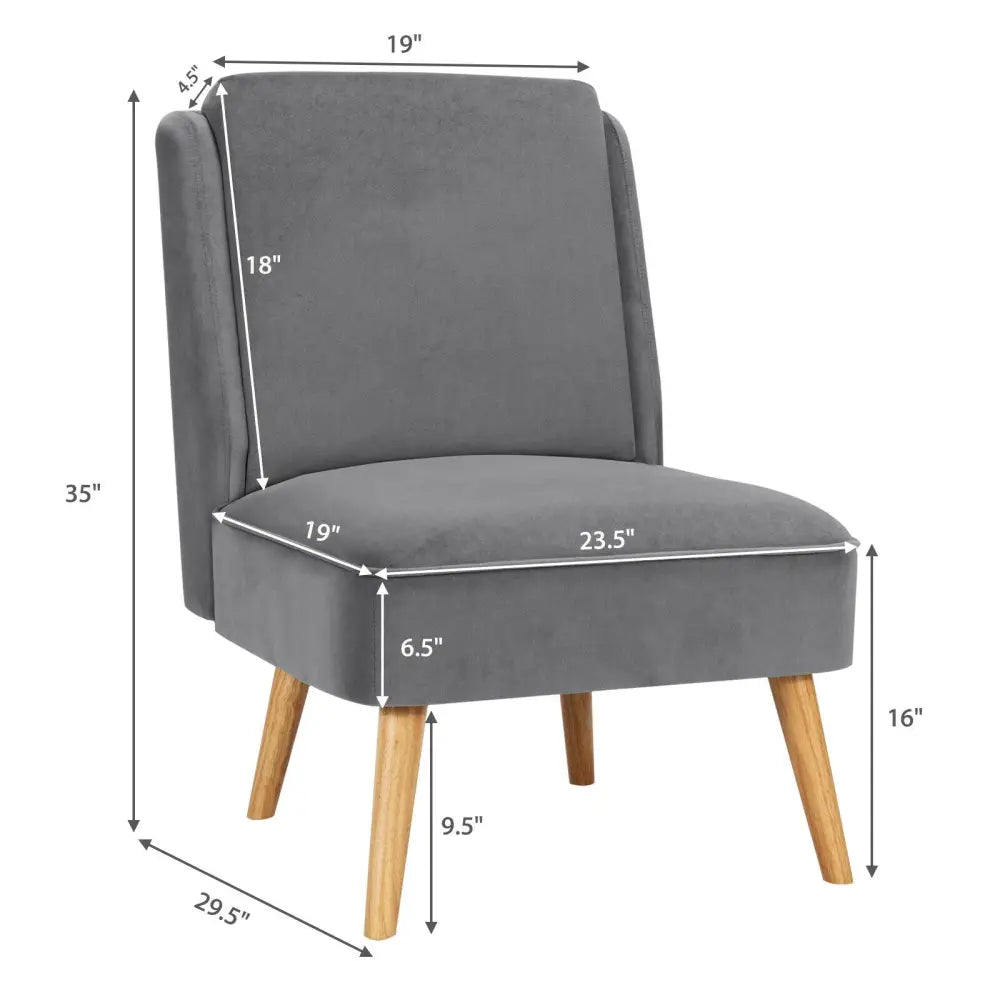 Velvet Accent Armless Side Chair with Rubber Wood Legs for Bedroom-Gray - Gray - Accent Chairs