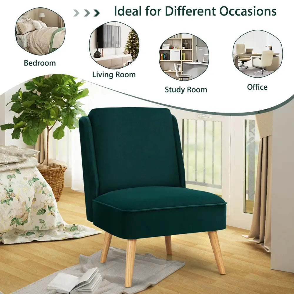 Velvet Accent Armless Side Chair with Rubber Wood Legs for Bedroom-Green - Green - Accent Chairs