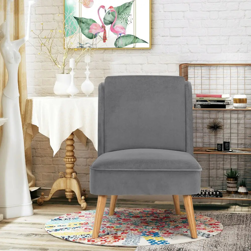 Velvet Accent Armless Side Chair with Rubber Wood Legs for Bedroom-Gray - Gray - Accent Chairs