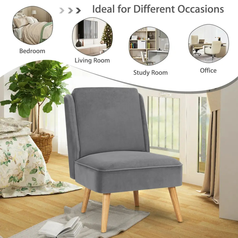Velvet Accent Armless Side Chair with Rubber Wood Legs for Bedroom-Gray - Gray - Accent Chairs