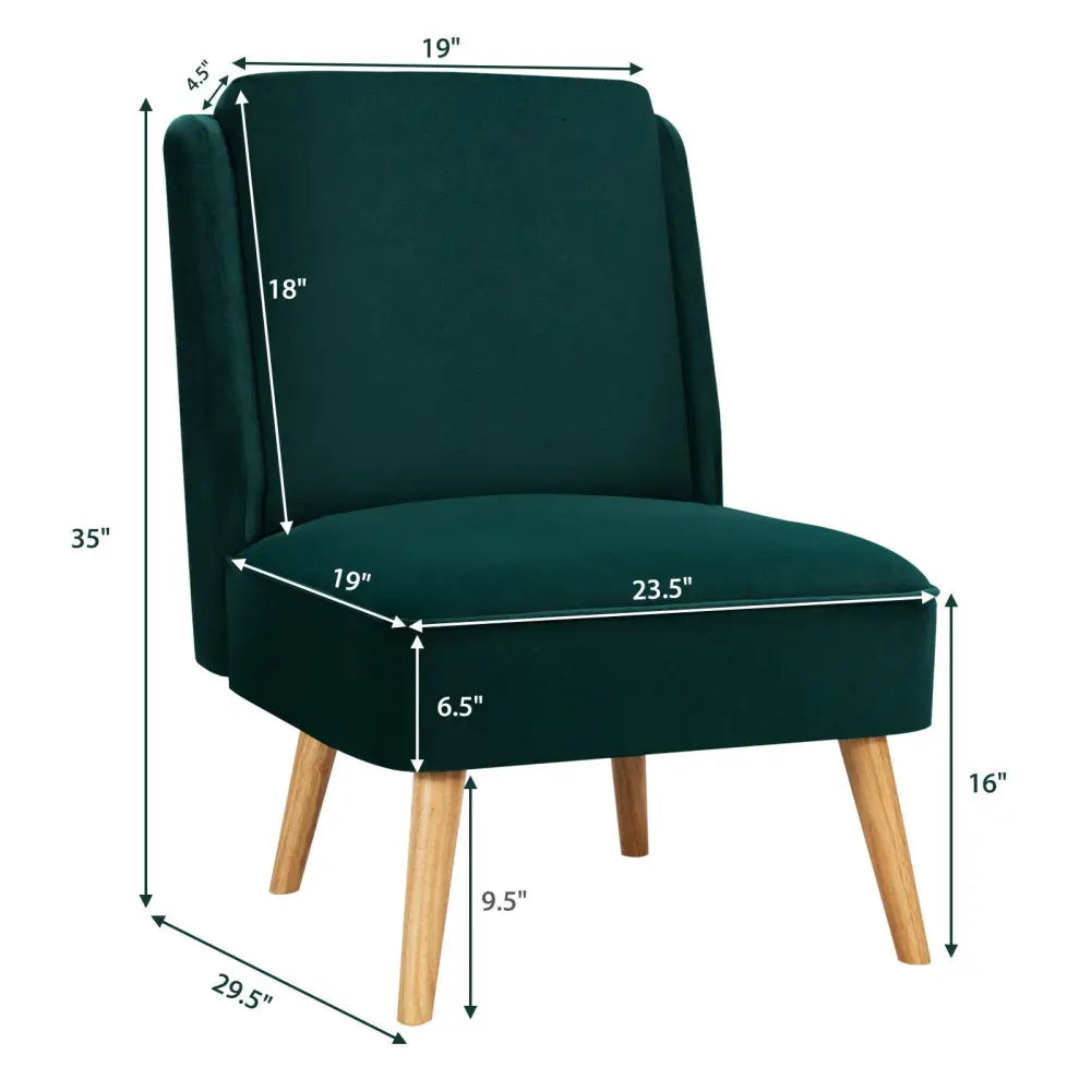 Velvet Accent Armless Side Chair with Rubber Wood Legs for Bedroom-Green - Green - Accent Chairs
