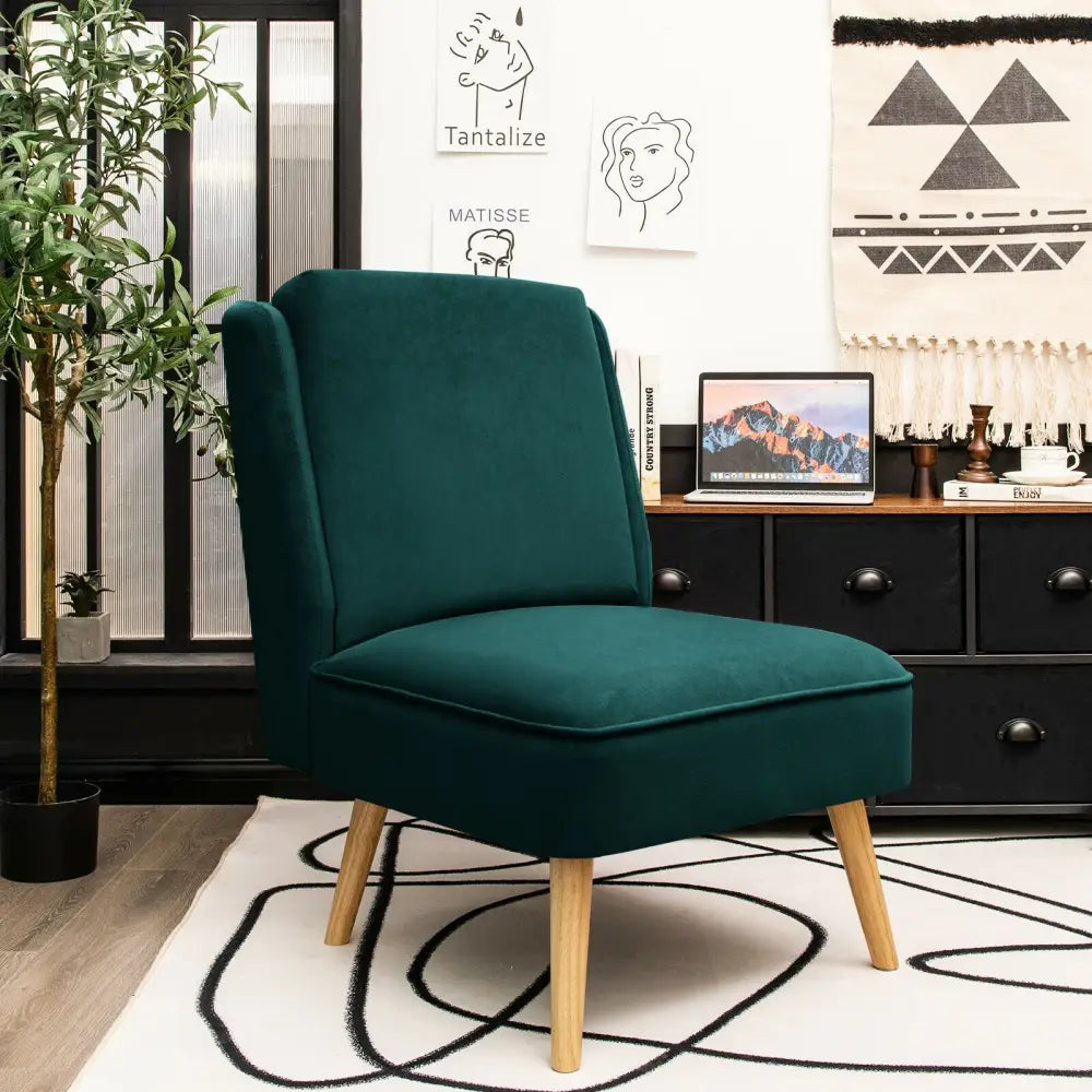 Velvet Accent Armless Side Chair with Rubber Wood Legs for Bedroom-Green - Green - Accent Chairs