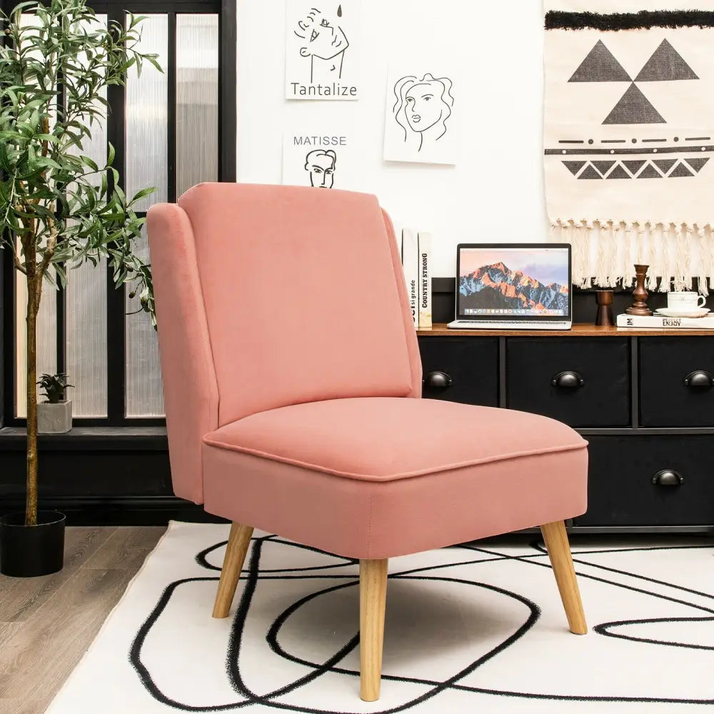 Velvet Accent Armless Side Chair with Rubber Wood Legs for Bedroom-Pink - Pink - Accent Chairs