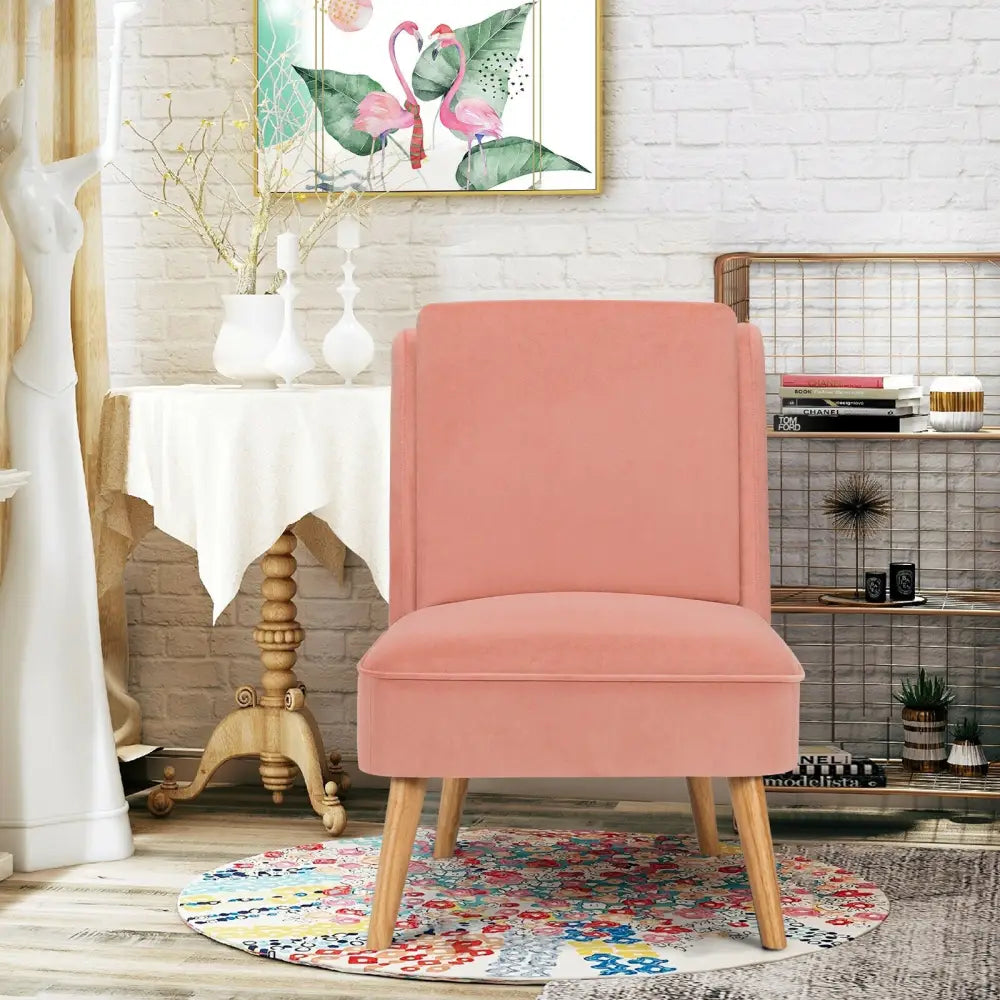Velvet Accent Armless Side Chair with Rubber Wood Legs for Bedroom-Pink - Pink - Accent Chairs