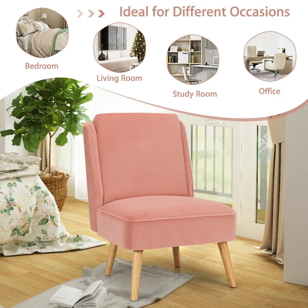 Velvet Accent Armless Side Chair with Rubber Wood Legs for Bedroom-Pink - Pink - Accent Chairs