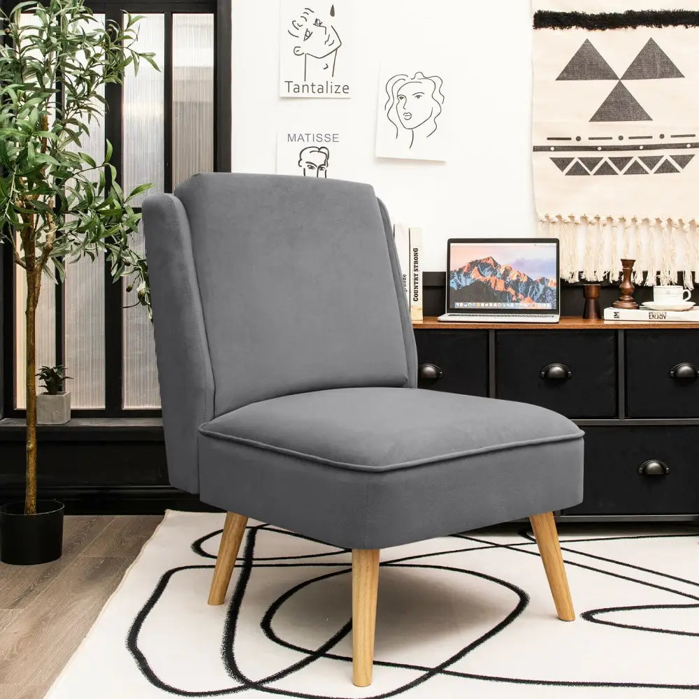 Velvet Accent Armless Side Chair with Rubber Wood Legs for Bedroom-Gray - Gray - Accent Chairs