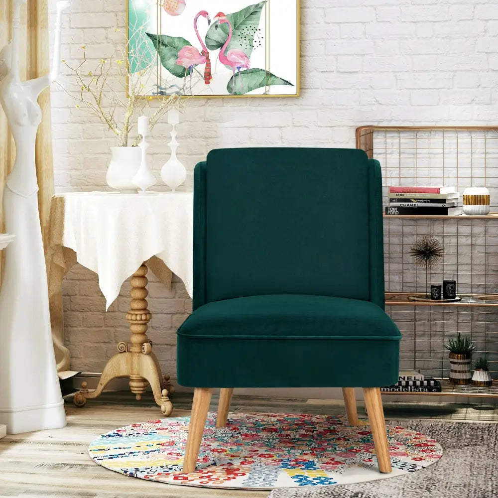 Velvet Accent Armless Side Chair with Rubber Wood Legs for Bedroom-Green - Green - Accent Chairs