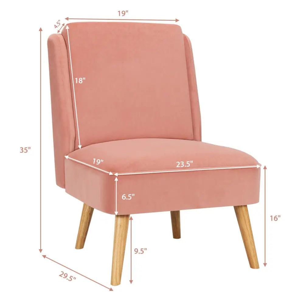 Velvet Accent Armless Side Chair with Rubber Wood Legs for Bedroom-Pink - Pink - Accent Chairs