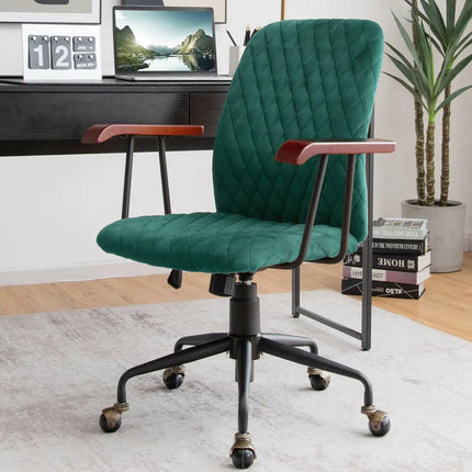 Velvet Home Office Chair with Wooden Armrest-Green - Green - Leisure Chairs