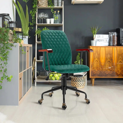 Velvet Home Office Chair with Wooden Armrest-Green - Green - Leisure Chairs