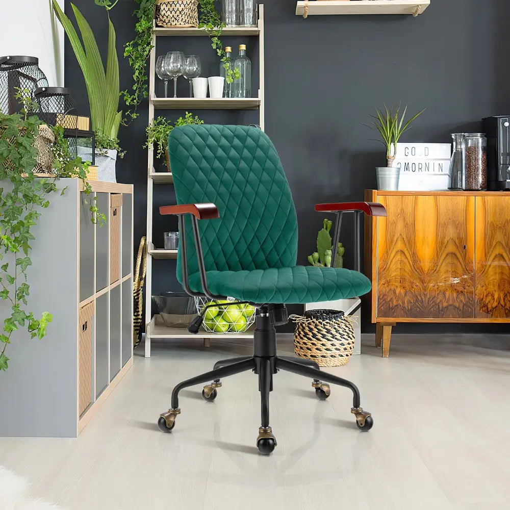 Velvet Home Office Chair with Wooden Armrest-Green - Green - Leisure Chairs